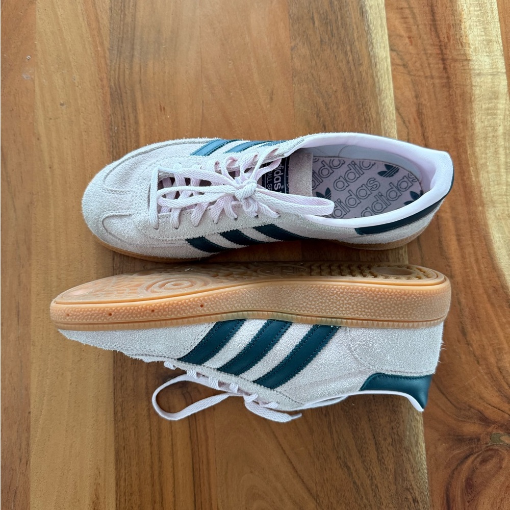 Adidas light pink and navy stripe sneakers